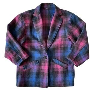Vintage Wool Blazer Pink Blue Plaid Oversized Jacket Academia